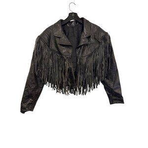 Vintage Black Fringe Leather Jacket Medium Western Style